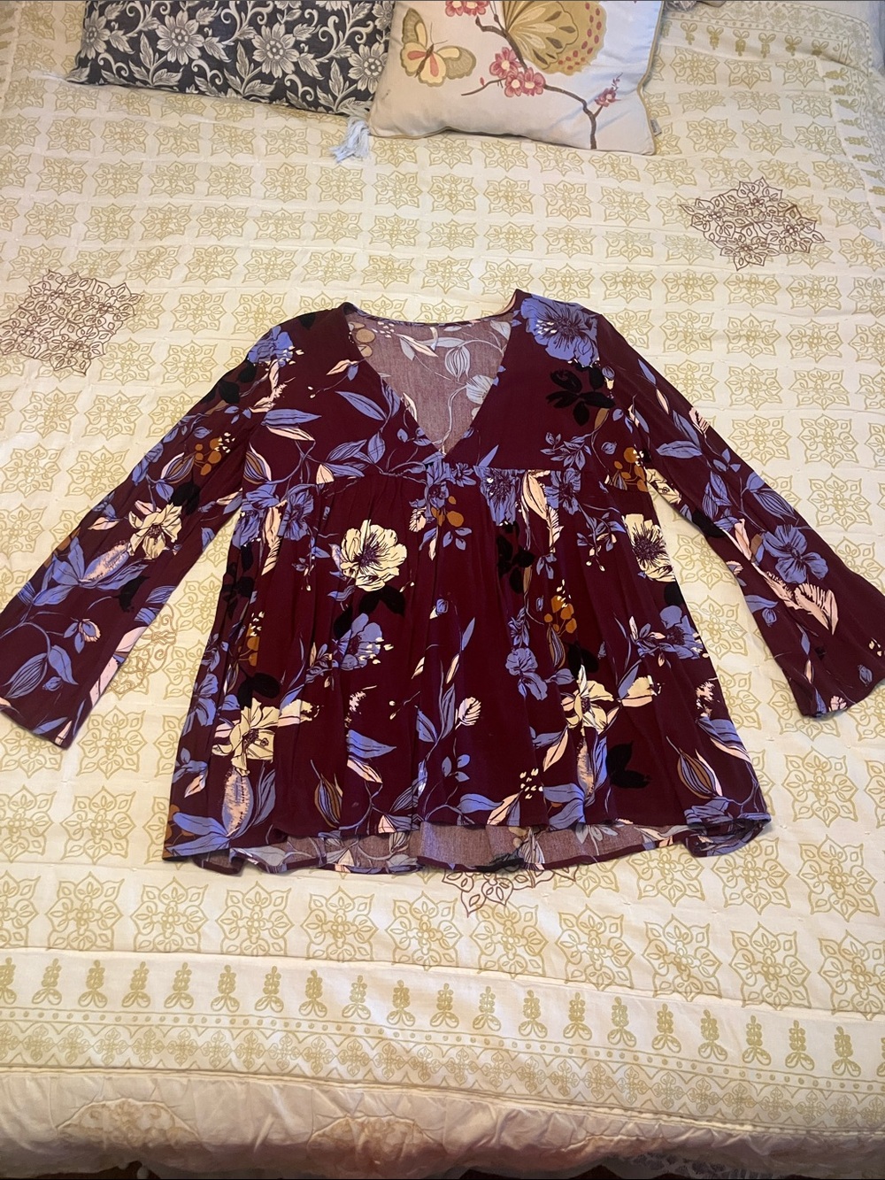 Free People Purple Bell Slleve Floral Peasant Tunic